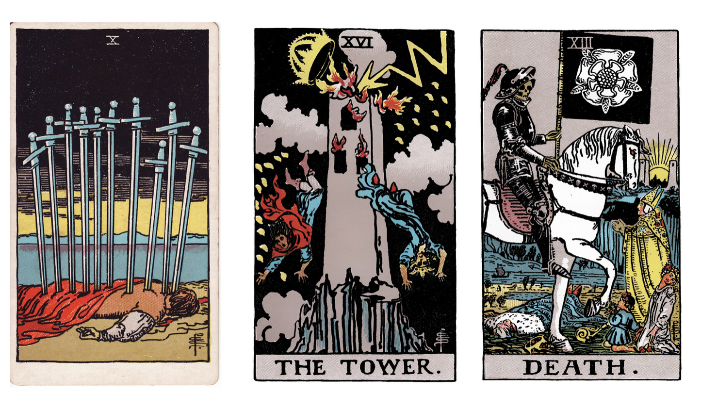 tarot cards, 10 of swords, death, tower