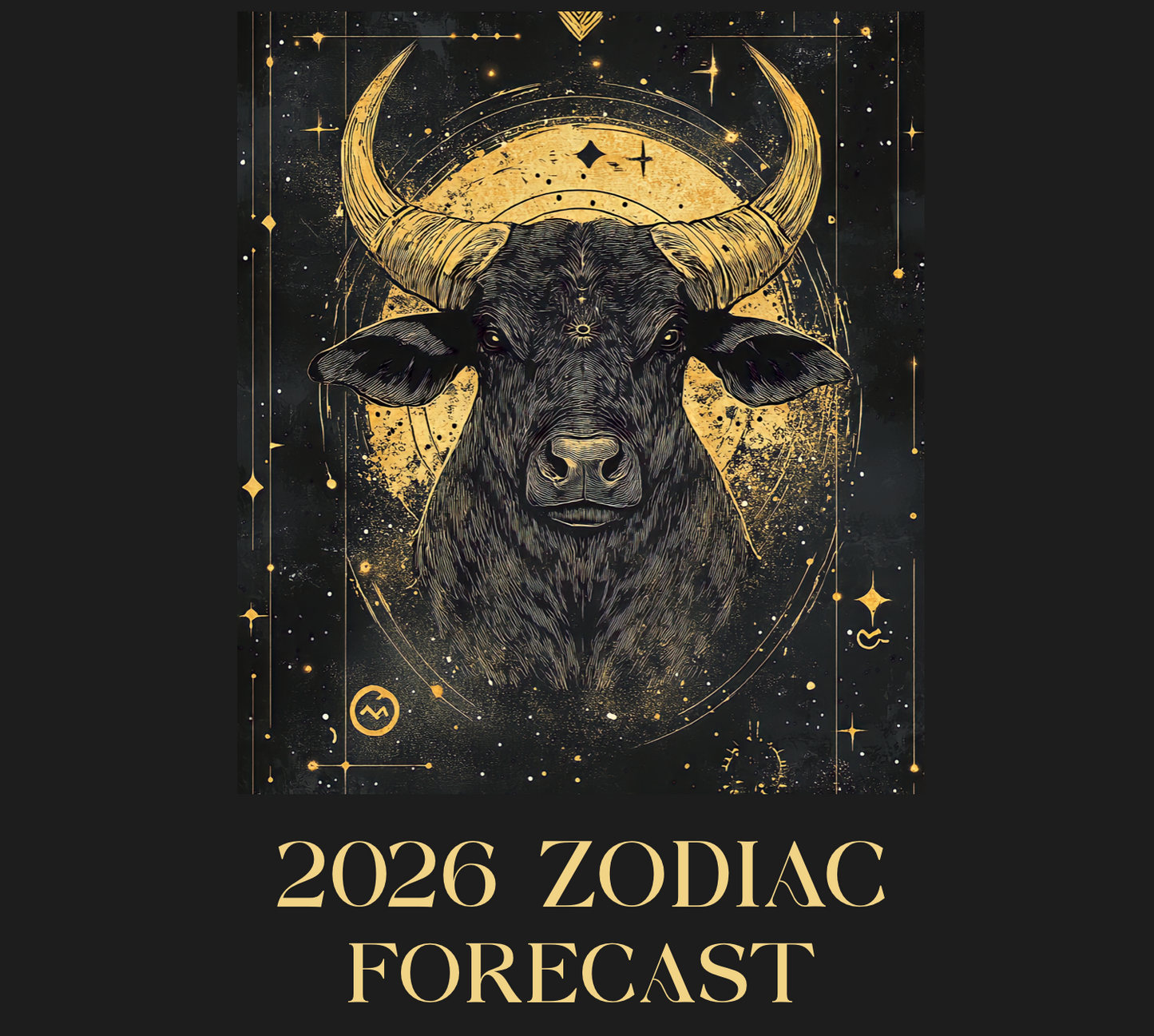 Taurus zodiac sign with 2026 Zodiac Forecast text on a dark background