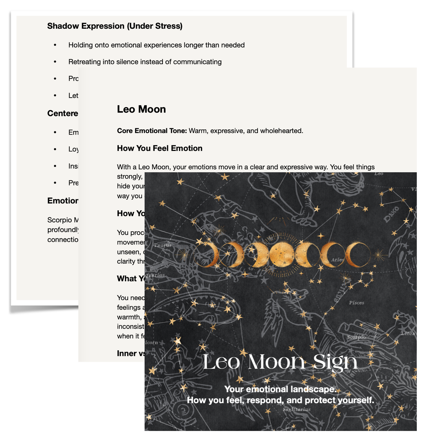 Leo Moon astrological card with moon phases and celestial design on a white background