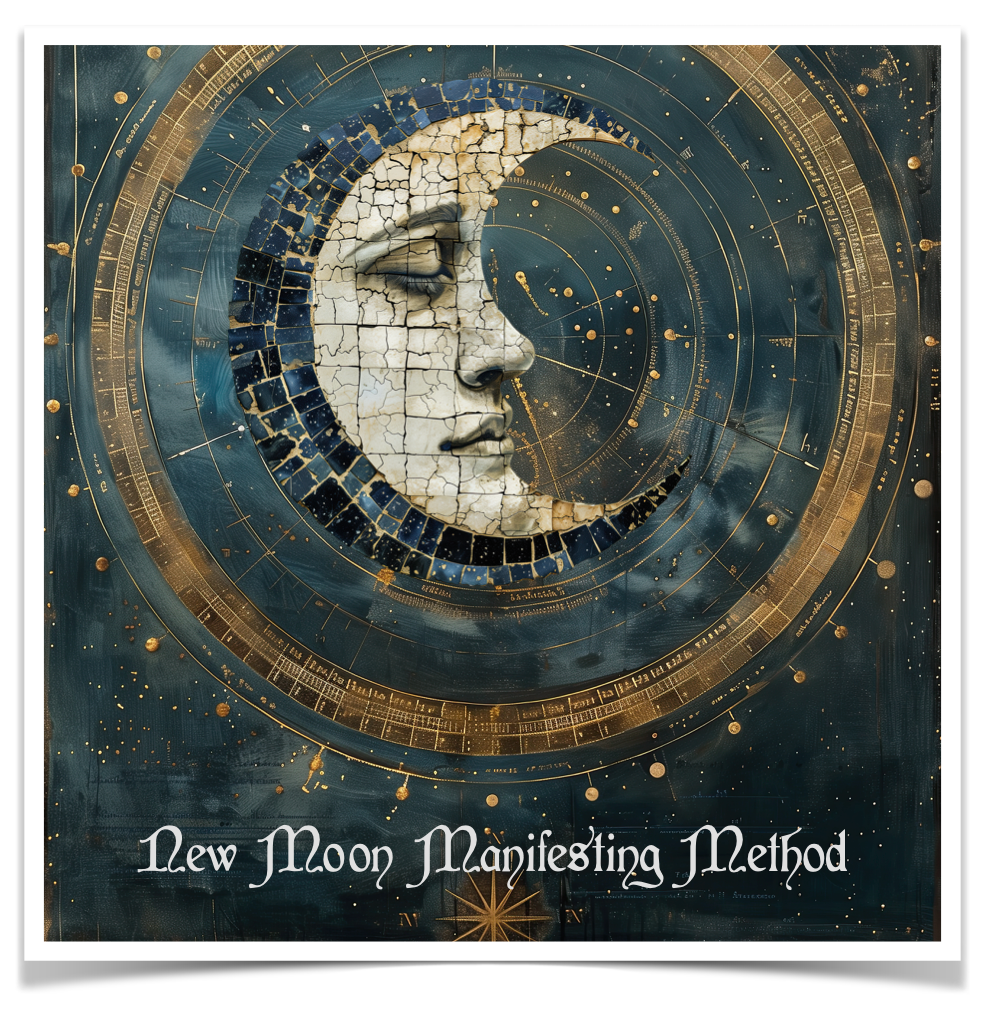 Decorative poster with a celestial design featuring a face within a New Moon symbol, on a dark blue background.
