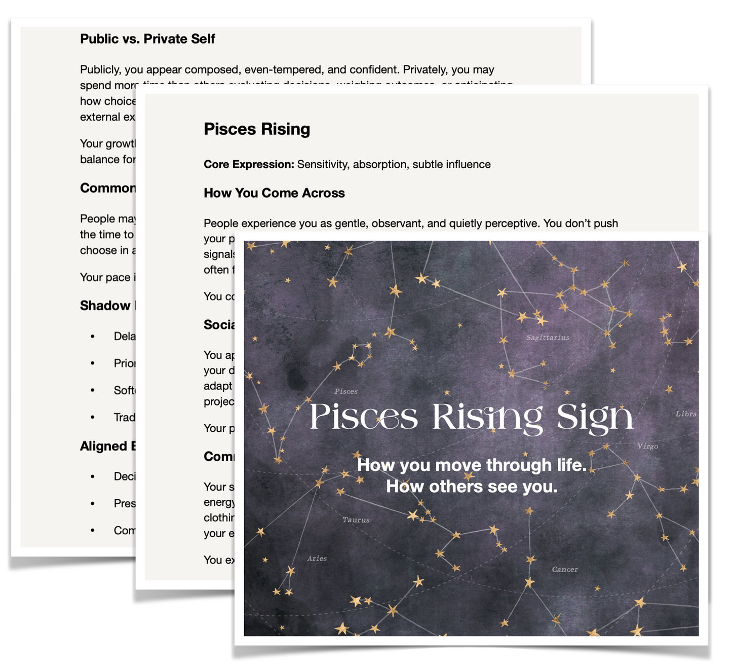 Two pages from a astrological guidebook, one with text and the other with a Pisces rising sign constellation.