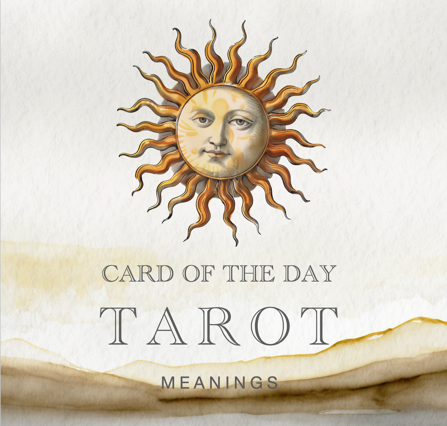 Sun with face design on a textured background with 'Card of the Day Tarot Meanings' text.