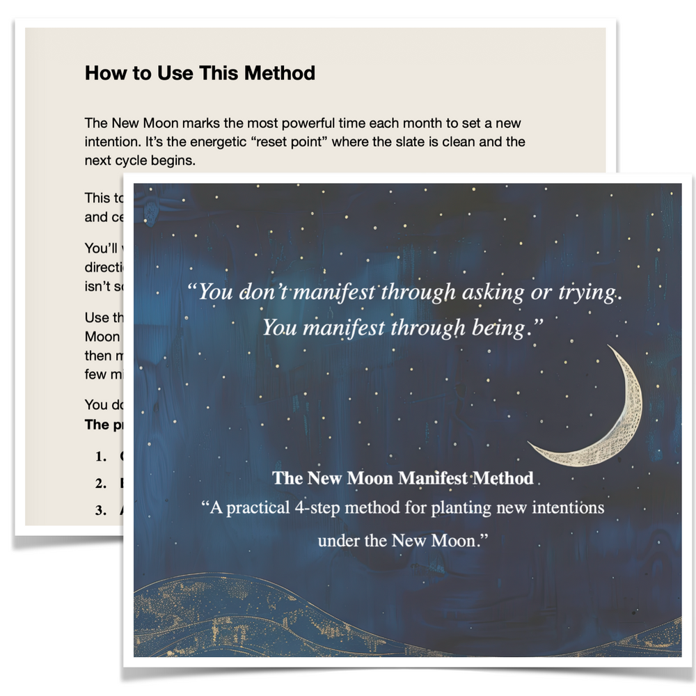 Instructional card with New Moon Manifest Method text and celestial design.