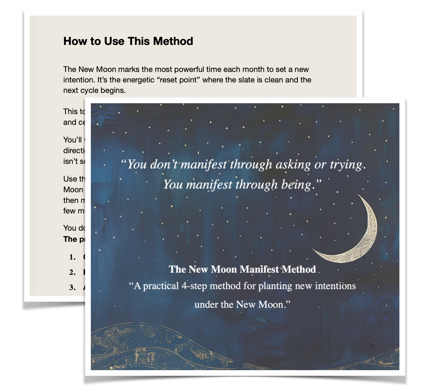 Instructional card with New Moon Manifest Method text and celestial design.
