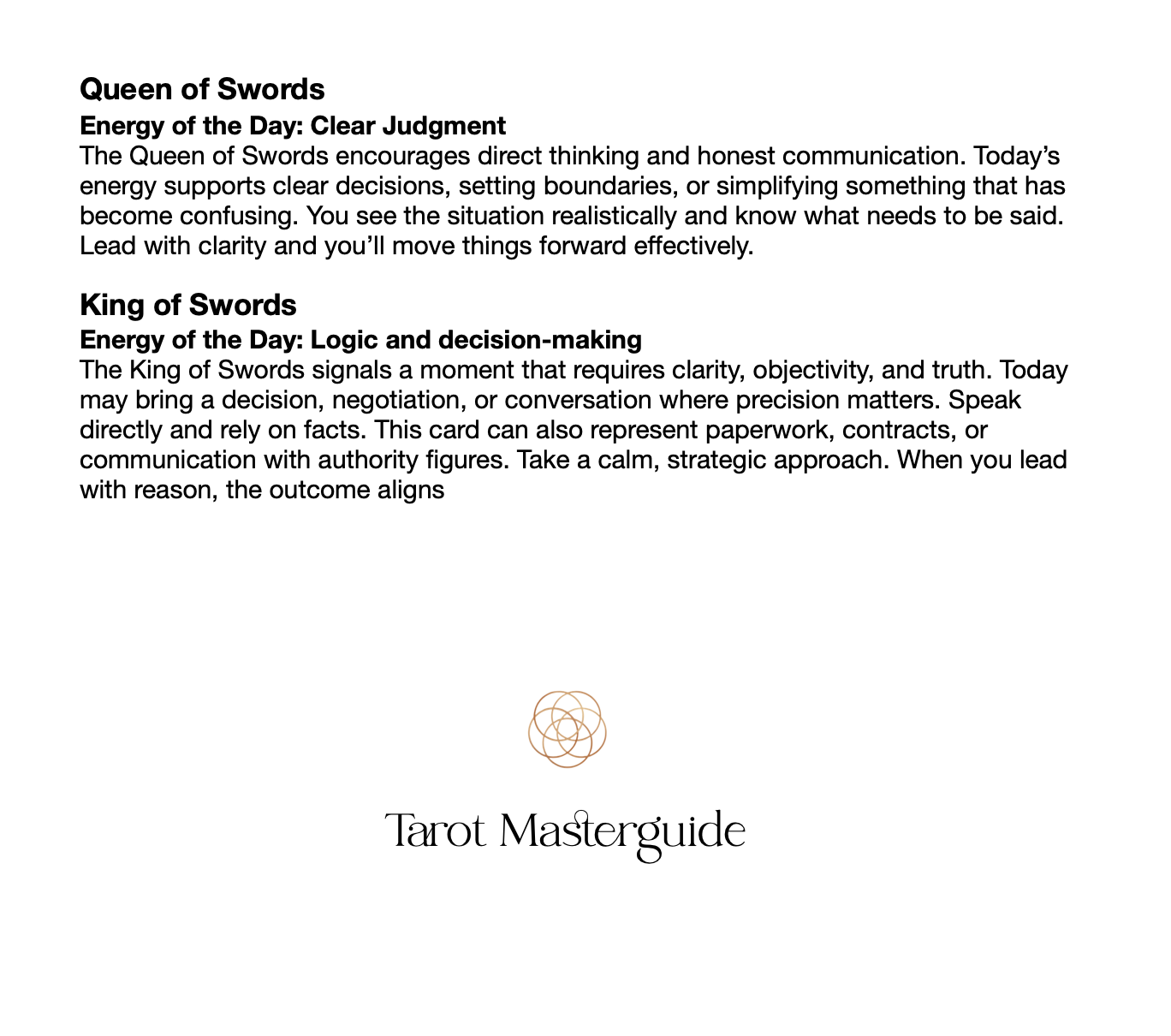 Tarot card description for Queen of Swords and King of Swords with Tarot Masterguide branding.