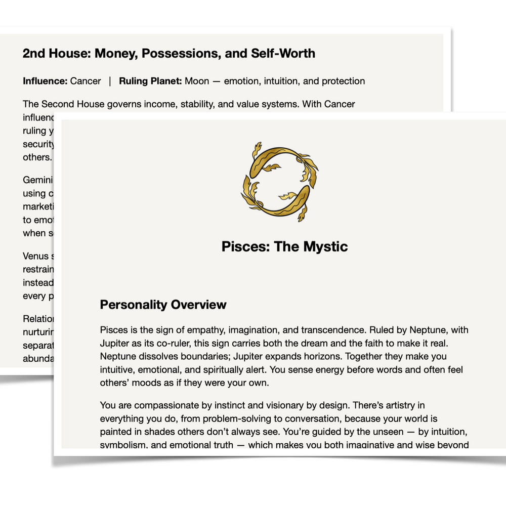 
                  
                    Astrological card detailing the Second House influence on money, possessions, and self-worth, with a Pisces symbol and description.
                  
                