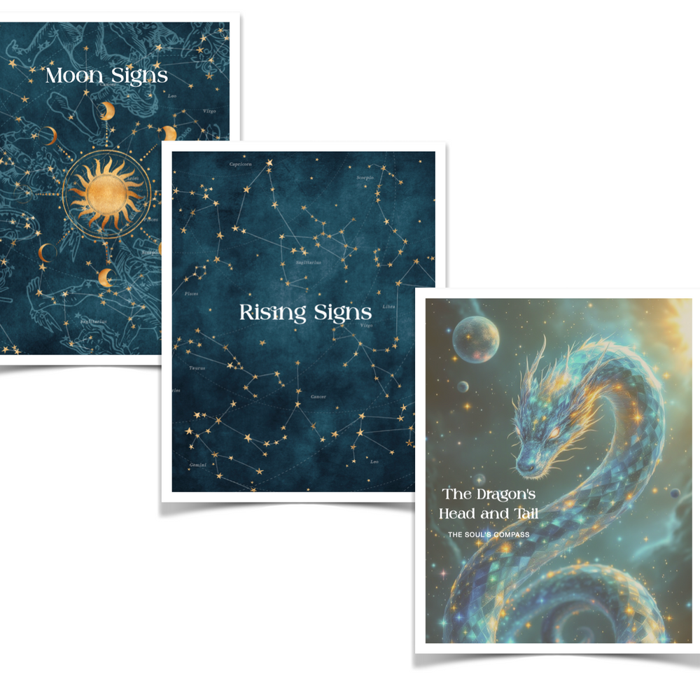 
                  
                    Three astrological-themed posters with celestial designs on a white background.
                  
                