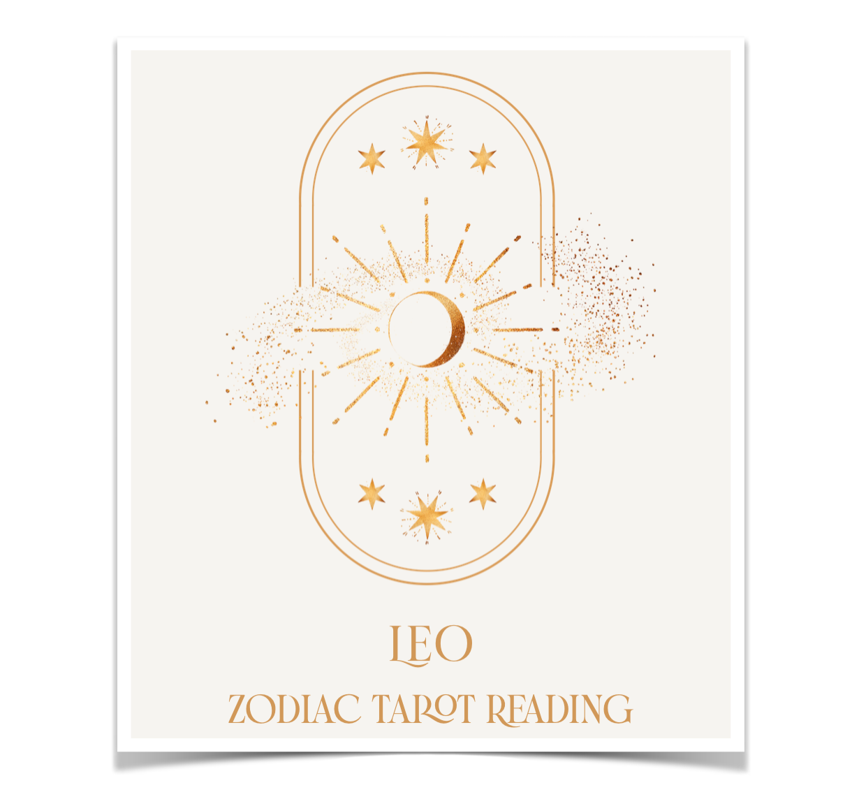 Leo zodiac tarot reading card with gold design on a white background