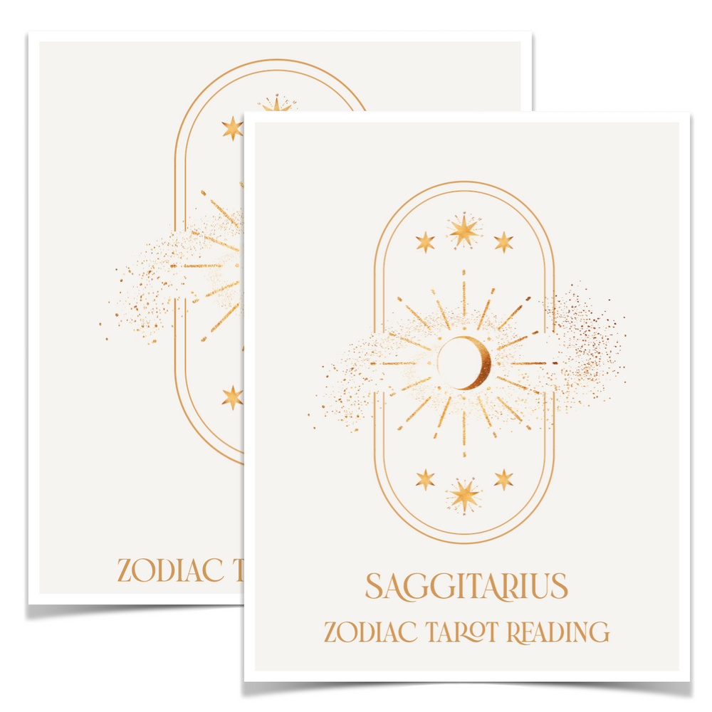 Two white cards with gold zodiac design and text on a white background