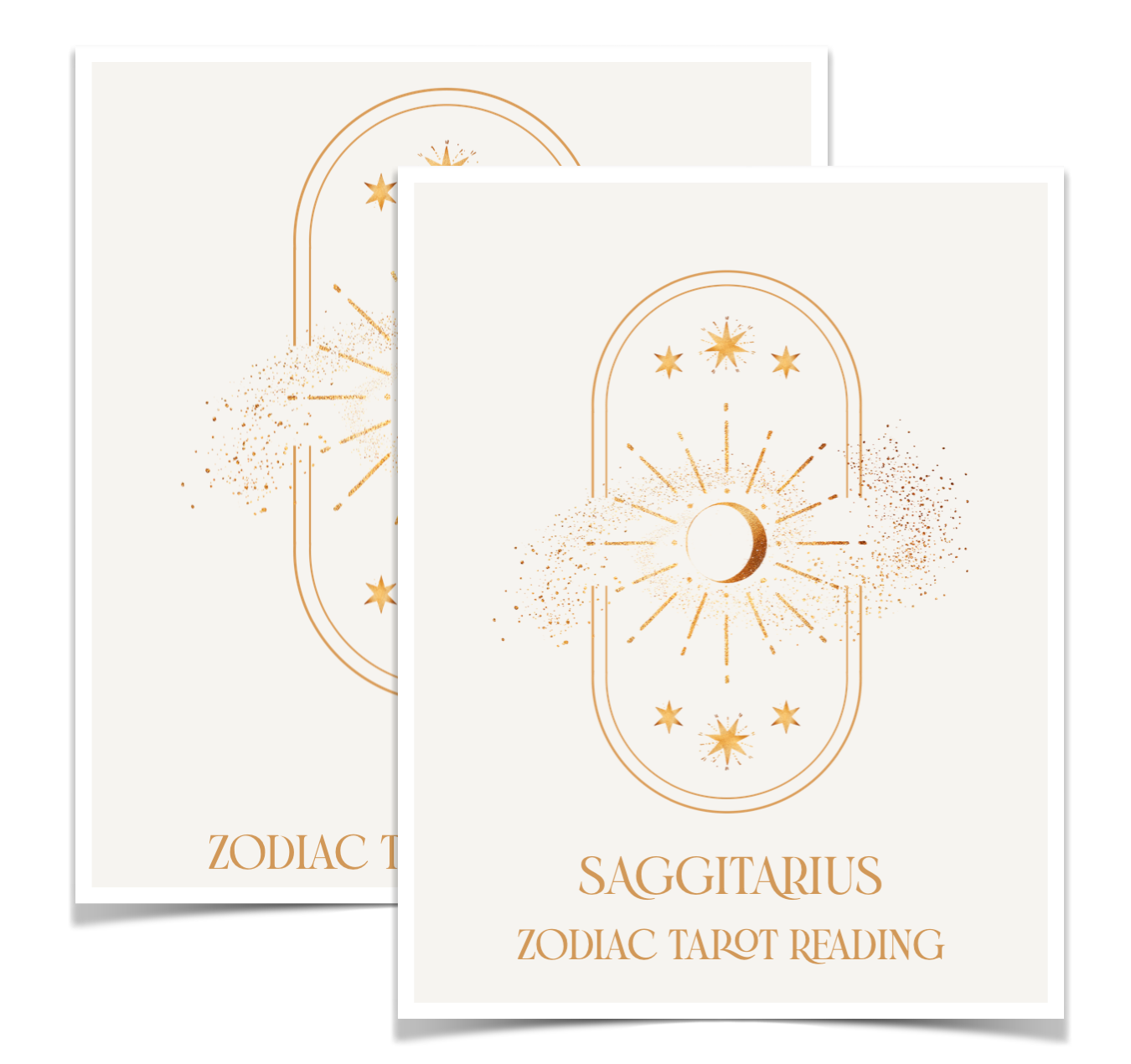 Two white cards with gold zodiac design and text on a white background