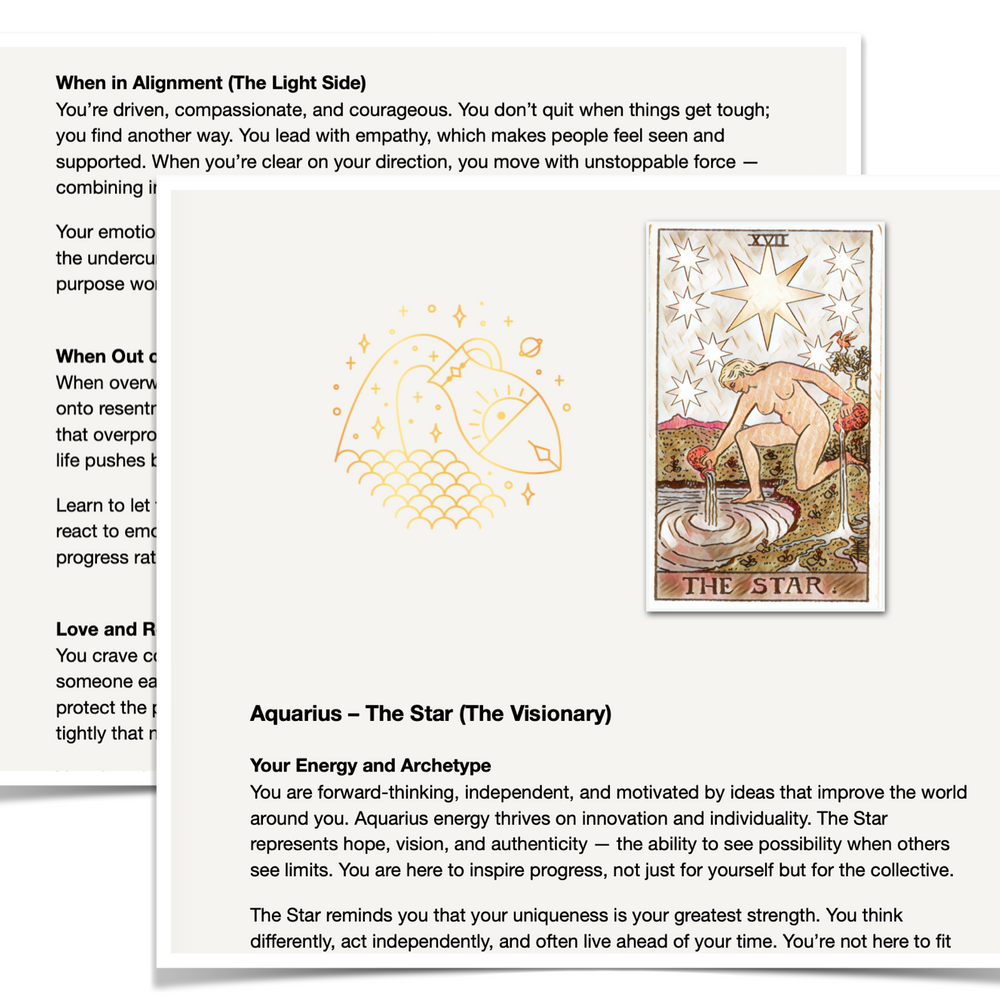 
                  
                    Card with astrological information and a tarot card illustration on a white background
                  
                